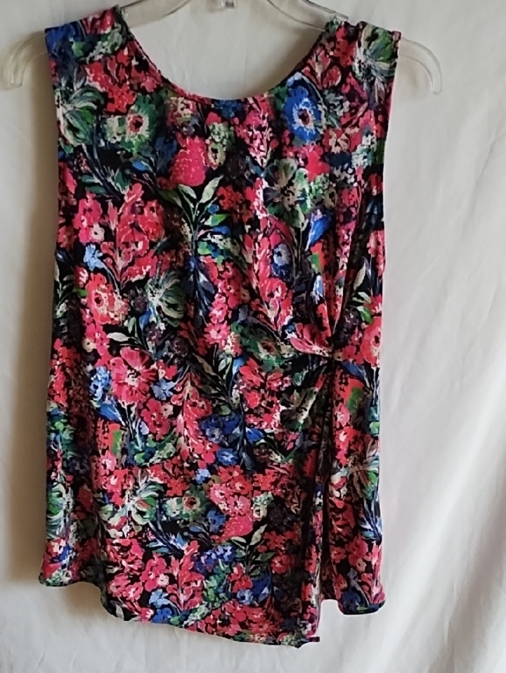 Tahari Black Floral Print Sleeveless Top with Pink and Blue Accents